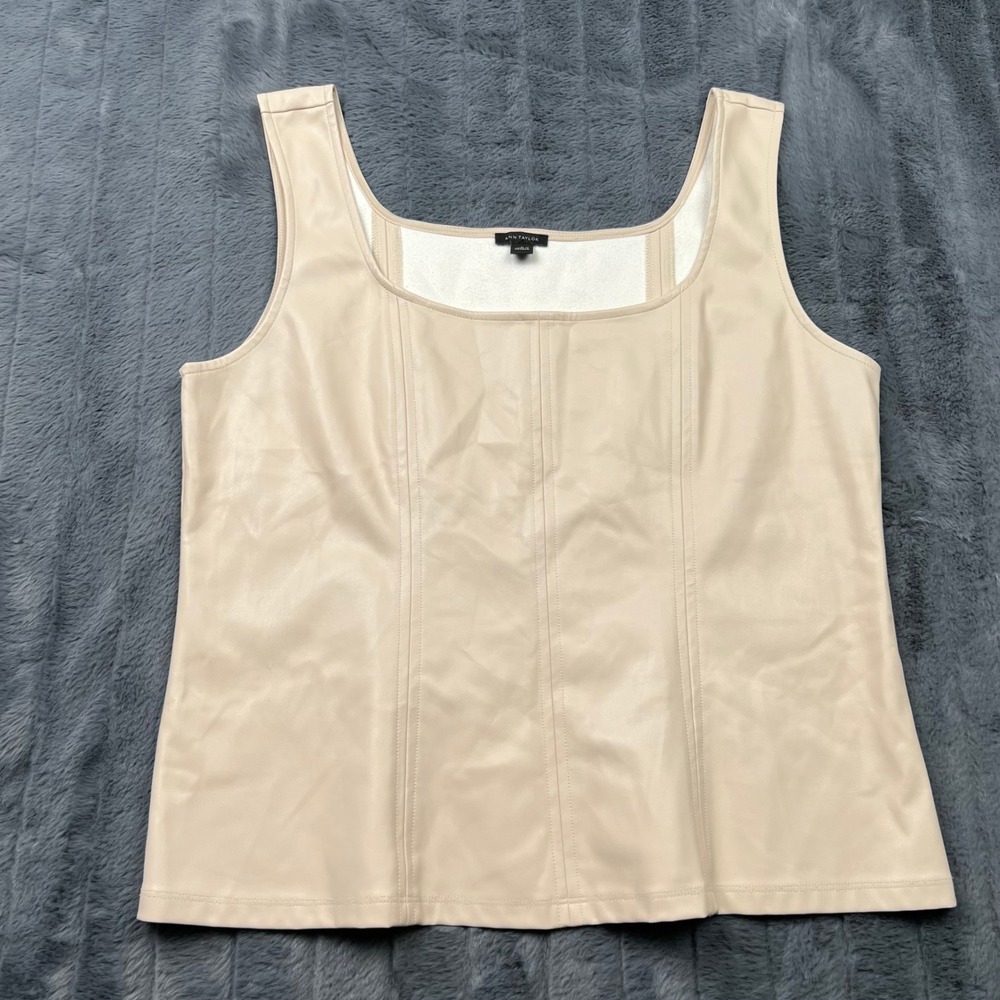 Ann Taylor Faux Leather Square Neck Tank Top Cream Beige Size L 12767